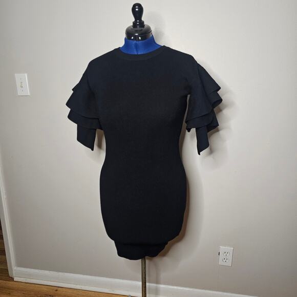 Favlux Black Knit Sweater Sheath Mini Dress with Large Ruffled Sleeves Size L - Picture 2 of 5